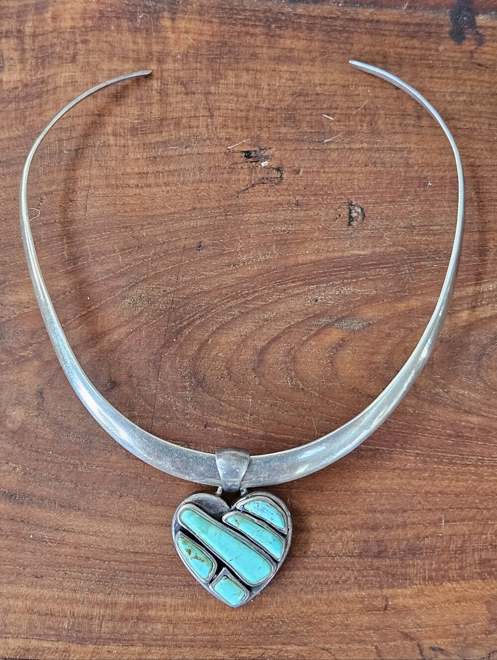 Chunky Southwestern Sterling Silver Turquoise Heart Torque Collar Necklace